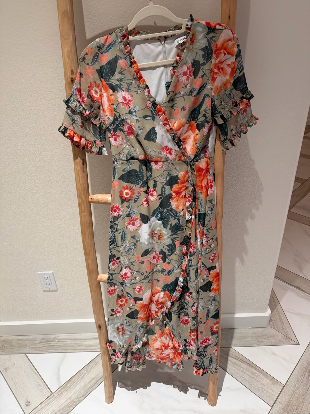 Kensie Olive Floral Wrap Midi Dress with Coral and White Blossoms